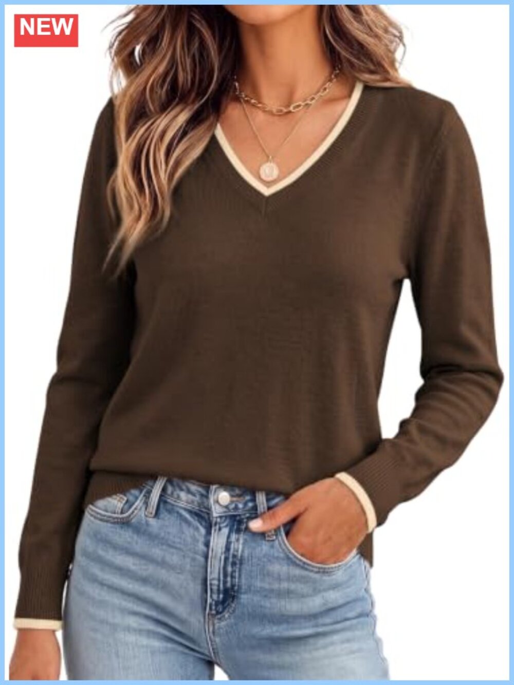 Wool Blend Knit Pullover Sweater V-Neck Long Sleeve Casual Fall